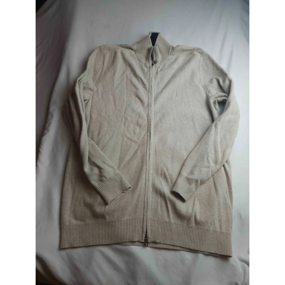 Nautica Full Zip Sweater Mens Size XL Beige Knit Mock Neck Long Sleeve Casual